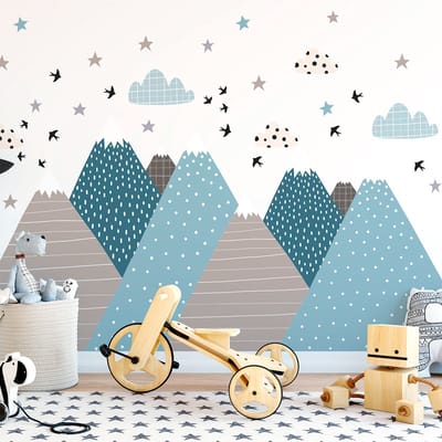 Muurstickers voor kinderkamers - Babykamerdecoratie - Gigantische muursticker met Scandinavisch berglandschap van VIKA - 60x90cm