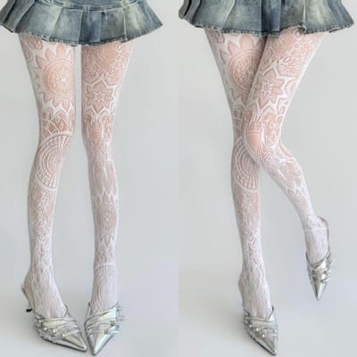 2 paar Gothic Punk Vissennet Panty's Witte Sokken Dames Zwart Totem Jacquard Kantpatroon Donkere Esthetiek Tattoo Print Gaas Panty's One Size gray