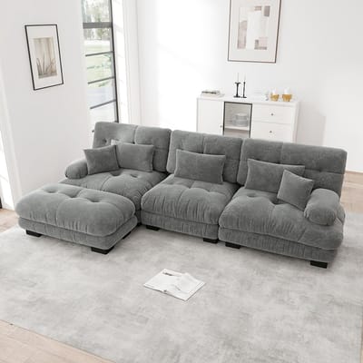 Pugsdrly Luxe modulaire hoekbank - Oversized Cloud-bank in L-vorm voor woonkamer, diepe slaapbank met poef, corduroy, grijze chenille