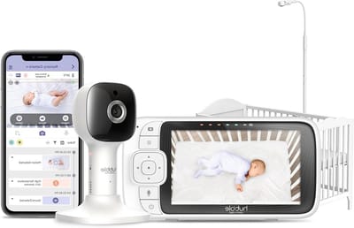Babyfoon met Camera - Baby Monitor Beeldscherm - Baby Bewaken - 5 Inch Kleurenscherm - Inclusief 7 Kleuren Nachtlampje - Wit