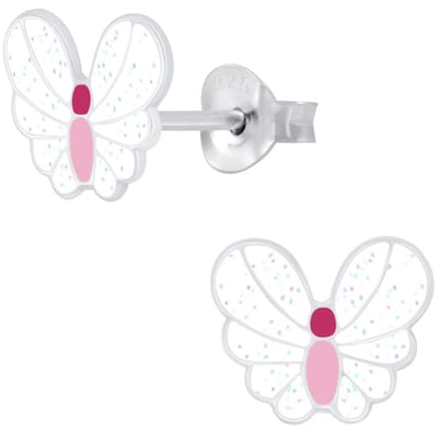 Joy|S - Zilveren vlinder oorbellen - 8 x 7 mm - glitter wit met roze