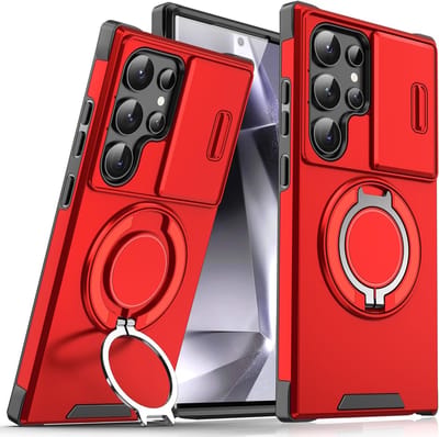 Hoesje Geschikt voor Samsung Galaxy S24 Ultra hoesje Rood backcover met Met Draaibare Ring Houder en camera bescherming