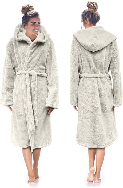 LINNICK Teddy Fleece Badjas met Capuchon inclusief Teddy Tas - Off White - S - Badjas Dames - Badjas Heren