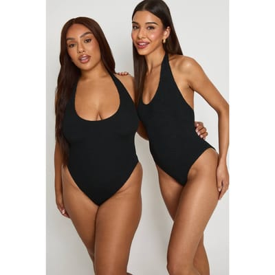 boohoo Dames Premium One Size Fits All Gekreukt Badpak Met Diepe Hals En Halternek | Zwart