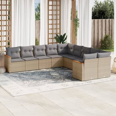 vidaXL - 10-delige - Loungeset - met - kussens - poly - rattan - gemengd - beige