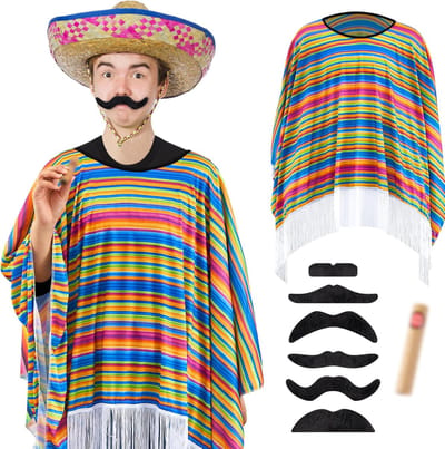 Mexicaanse kostuumaccessoires set - 3-delige cape en poncho - realistische snor en nep sigaar - perfect voor carnaval - ShopVlot