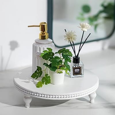 Decoratieve Ronde Lade – witte Kralen Houten Tray Ø30cm – Salontafel Decor, Keuken & Badkamer Display, Moderne Voetstuk Standaard voor Kaars of Plant