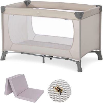 Inklapbaar Campingbedje voor Baby en Peuter met Matras en Muggennet - Beige