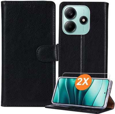 Hoesje geschikt voor Xiaomi Redmi Note 14 4G hoesje Zwart pasjeshouder telefoon hoes - Met screenprotector tempered glass voor Xiaomi Redmi Note 14 4G - 2x