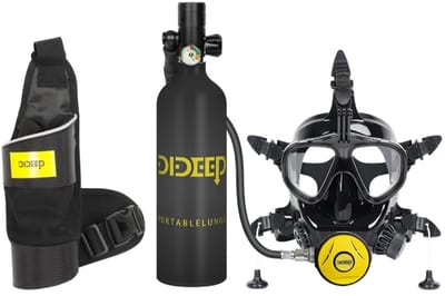 Duik-ScubaSet - mini uitrusting voor oa. vakantie met 1L Tank + fullfaceMasker + Fleshouder + PCP compressor