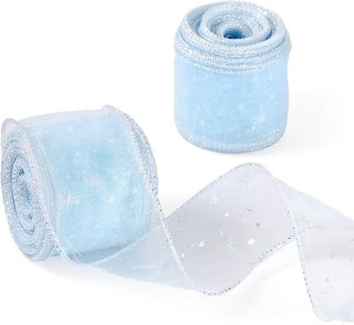 Lichtblauw Organza Lint met Sterrenpatroon voor Decoratie, Cadeauverpakkingen en Strikken - 10 Yards