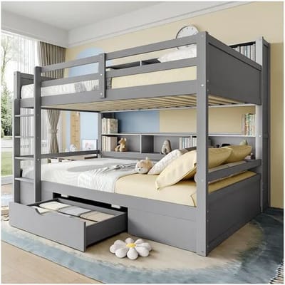 Merax Stapelbed met lade en boekenkasten - 90 x 200 cm - grenenhout en MDF - inclusief lattenbodem - grijs