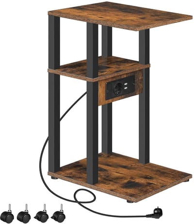 TRANKIELO® - Compacte C-vormige Bijzettafel met Laadstation – Veelzijdige Salontafel – Vintage Bruin en Zwart – Ideaal voor Kleine Ruimtes