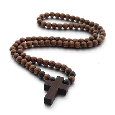 Sorprese donkerbruine 100% houten - ketting - kralenketting - houten kruis - 65 cm - 8 mm kralen - cadeau - Model Z