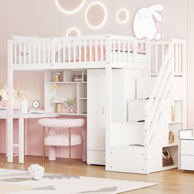 DESMIU Hoogslaper 90x200 cm – Bed Met Kast En Bureau – Veilige Trap Met Laden En Opbergruimte – Ideaal Voor Kinderkamer – Massief Hout – Wit – Zonder Matras