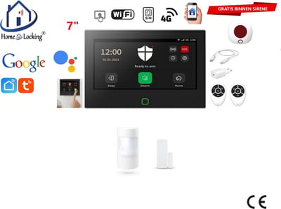 Draadloos / bedraad alarmsysteem met 7-inch touchscreen voor woning/camper/boot/caravan werkt met wifi en sim kaart en met spraakgestuurde apps. (Nederlands of Frans stem en tekst). ST01B