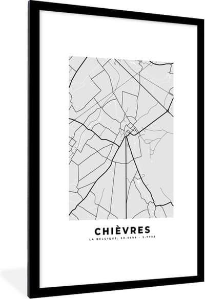 Fotolijst incl. Poster Zwart Wit- Stadskaart – Zwart Wit - Kaart – Chièvres – België – Plattegrond - 80x120 cm - Posterlijst