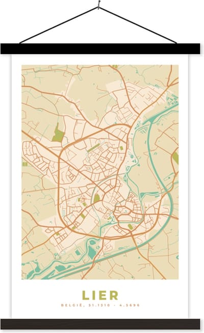 Posterhanger incl. Poster 40x60 cm - Schoolplaat - België - Lier - Plattegrond - Kaart - Stadskaart - Textielposter - Zwarte latten - Stadskaart