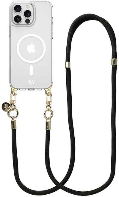 AVY Hoesje geschikt voor Apple iPhone 13 Pro | Compatibel met MagSafe | Clear Case met Telefoonkoord 130CM | Crossbody Tressé Black