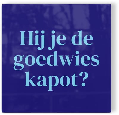 Tegeltje Arnhem Hij je de goedwies kapot? - donkerblauw lichtblauw - tegeltje stad - tegeltje met tekst
