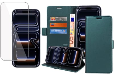 Book Case & Screenprotector geschikt voor iPhone 17 Pro Hoesje Screenprotector - Gehard Glas Cover + Magnetische Sluiting - Portemonnee Turqoise