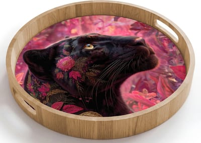 Dienblad rond 40x40 cm - Schootdienblad hout - Luipaard - Bloemen - Roze - Borrelplank rechthoek - Plateau houten dienbladen