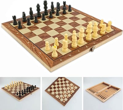 Borvat® 3-in-1 Schaakbord, Backgammon en Dambord – Opvouwbaar Houten Bord – 24 cm