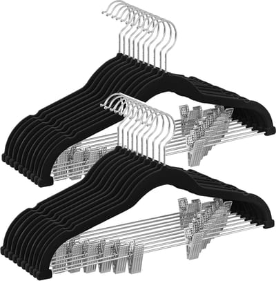 Famanu – Broekhangers - set van 20 fluwelen hangers met verstelbare clips - 42,5 cm lang - antislip - ruimtebesparend - voor rokken - jassen - jurken - wit - 20 stuks - 20 stuks