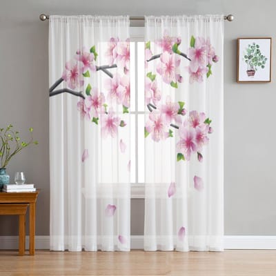 Sakura Tule Gordijnen Voor Woonkamer Slaapkamer Kerst Chiffon Transparant Voile Keukengordijn 135W x 114H(cm) white