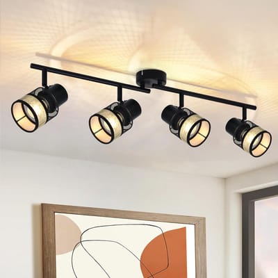Glitzerlife - Plafondspot Plafondlamp - 4-Vlamig Vintage Design - Draaibare Led Plafondspot - E27 Fitting - Metaal En Stoffen Kap - Woonkamer Slaapkamer Keuken Trap Eetkamer - Zwart-Goud