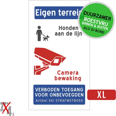 Pictogram/ bord XL Dibond | "Eigen terrein - Honden aan de lijn - Camerabewaking" | 27 x 50 cm | Woonerf | Hond aangelijnd | Woonomgeving | Enkel toegang voor bewoners | CCTV | Roestvrij | Duurzaam | 1 stuk