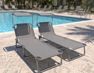 Ligstoel Set van 2 190x58x27 cm Inklapbaar met Zonnedak – Verstelbare Strandstoel & Tuin Ligbed – Lichtgewicht Camping Relaxstoel voor Balkon, Zwembad & Terras – Grijs – Bella