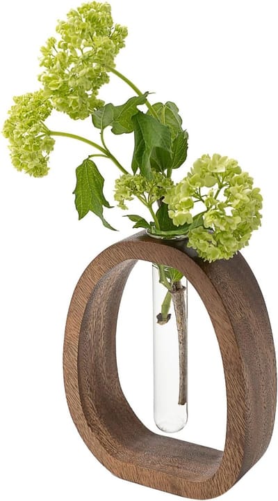 Moderne houten vaas met glazen voet, in reageerbuisvorm – zowel een bloempot als een decoratief object, geschikt voor thuis en op kantoor – Groot formaat.