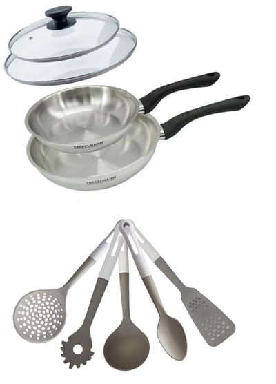 Fackelmann 9222350 Set van 2 RVS Pannen 20/24 cm Geneva Zonder PFAS met 5 Keukengerei & 2 Glazen Deksel