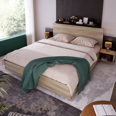 STILVORA Tweepersoonsbed 160x200 cm – Massief Houten Bed met Zwevende Nachtkastjes – Robuuste Lattenbodem 400KG Draagvermogen – Hout – Donkergrijs – Zonder Matras