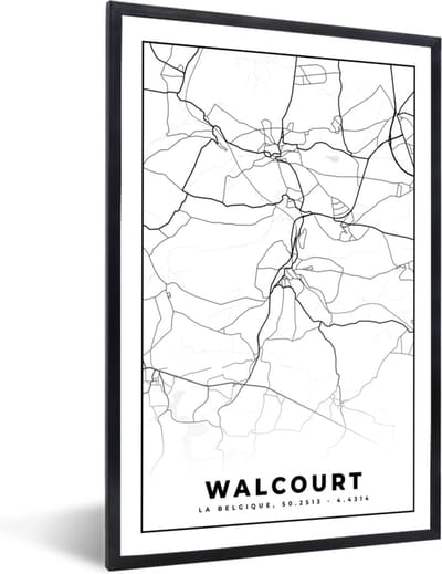 Fotolijst incl. Poster Zwart Wit- Zwart Wit – België – Plattegrond – Stadskaart – Kaart – Walcourt - 40x60 cm - Posterlijst