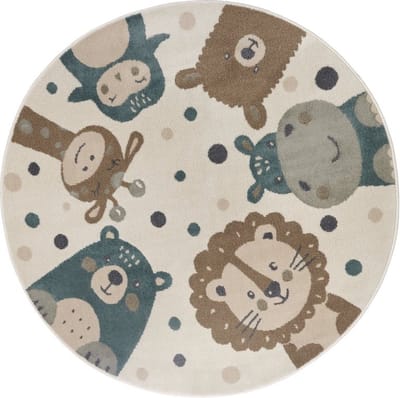 Flycarpets Adventures Rond Kindervloerkleed Beige / Bruin / Blauw - 140 cm - Dieren - Laagpolig Vloerkleed Kinderkamer