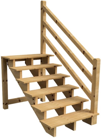 Vrijstaande buitentrap met houten trapleuning Rechts - H 6-treden 105cm B 120cm - zonder stootbord