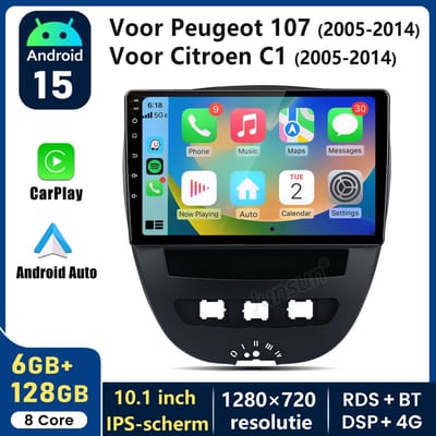 HexinexMarket Octa-Core Autoradio Geschikt voor Peugeot 107, Toyota Aygo, Citroën C1 (2005-2014) - Draadloos CarPlay, Android Auto, GPS NAVI, multimediaspeler, 6GB+128GB