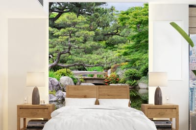 Behang - Fotobehang Japans - Natuur - Water - Stenen - Bomen - Breedte 195 cm x hoogte 260 cm