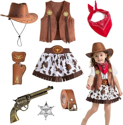 Cowboy Kostuum voor Kinderen 3-11 Jaar met Hoed, Vest, Broek en Accessoires voor Carnavalsfeest en Cosplay