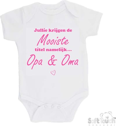100% katoenen Romper "Jullie krijgen de mooiste titel namelijk... Opa & Oma" Meisjes Katoen Wit/roze Maat 62/68