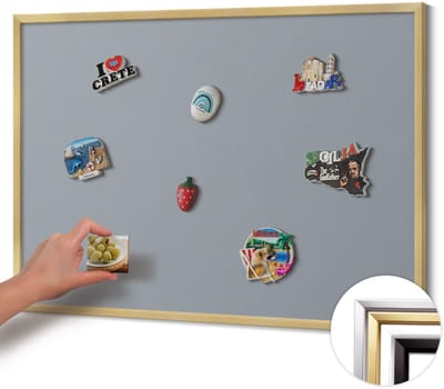 Wallfluent - Grijs Magneetbord in Stijlvolle Kleuren - 100 cm x 70 cm - Magneetbord met Gouden Frame - Grijze kleur - Magnetisch Bord Muurbevestiging - Magnetisch Wandbord - Memobord voor Keuken