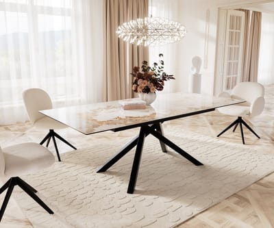 Eetkamertafel Edge keramiek Minas Melange wit-beige 180-220x100 kruisframe rechthoek zwart uitschuifbaar