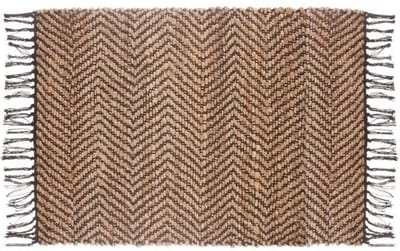 Rechthoekige etnische jutemat met zigzag krassen 60x90 cm - Coton|Jute - Zwart - Zwart - SILUMEN