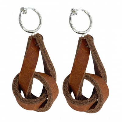 Klem oorbellen leer bruin knoop zilverkleur- geen gaatje- Charme Bijoux