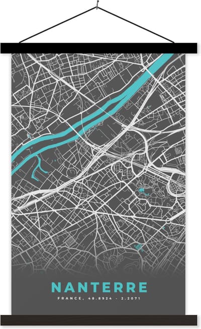 Posterhanger incl. Poster 40x60 cm - Schoolplaat - Nanterre - Kaart - Stadskaart - Plattegrond - Frankrijk - Textielposter - Zwarte latten - Stadskaart