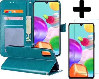 Hoesje - Met Screenprotector - Geschikt voor Samsung Galaxy A41 - Luxe Pasjeshouder - Flipcase - Bookcase Portemonee - Flip Case - Kunstleer Book Case - Book Cover - Walletcase - Portemonneehoes - Telefoonhoes - Turquoise