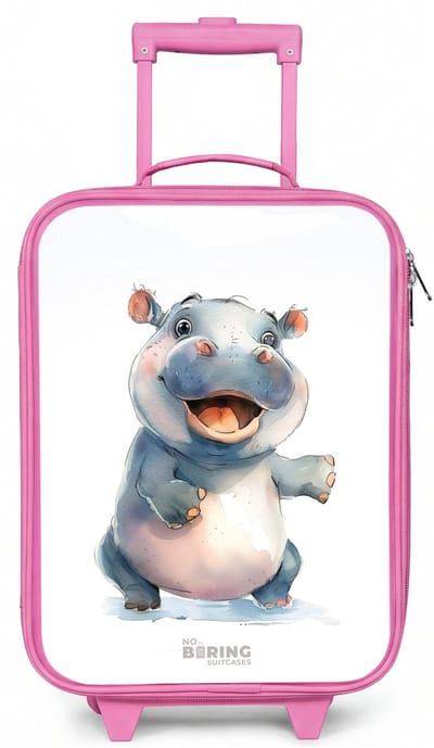 NoBoringSuitcases.com® - Kinderkoffer roze - Kindertrolley meisje - Baby nijlpaard - Koffer kind lichtgewicht - Reiskoffer trolley voor kinderen - Koffertje met lichtgevende wieltjes - Rolkoffer