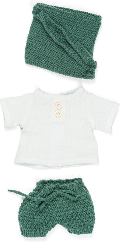 ML Poppen: KLEDIJ SET groen/wit voor jongen 32cm, 3-delig, trui, broekje en  mutsje, met kleerhanger, 3+